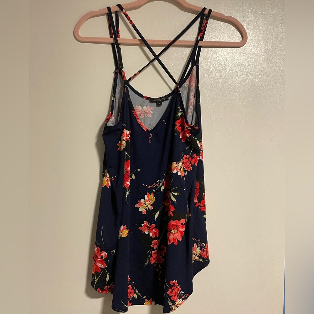 Papermoon navy blue floral strappy back tank top, size L